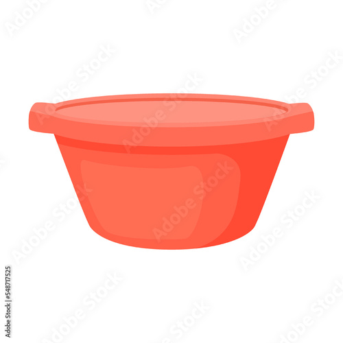 wide red washbasin, barrel with convenient spout for draining water. Vector illustration of cute colorful washbowl
