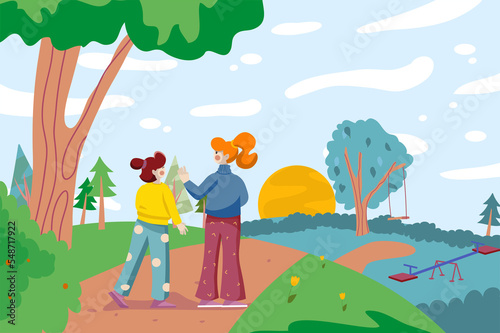 Girls friends spend time together in landscape background. Little girls talking and walking in city park by playground. Natural scenery with green trees. Illustration in flat cartoon design