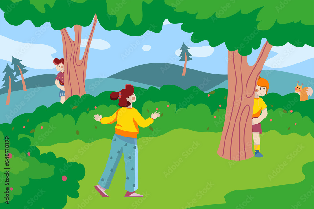 Children play in hide and seek game in forest background. Boys peeking from trees and hide, girl catches them at green lawn. Nature scenery at city park. Illustration in flat cartoon design Children play in hide and seek game in forest background. Boys peeking from trees and hide, girl catches them at green lawn. Nature scenery at city park. Illustration in flat cartoon design