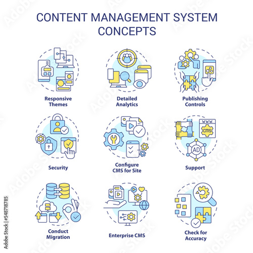 Content management system concept icons set. CMS aspects. Site platform. Data migration idea thin line color illustrations. Isolated symbols. Editable stroke. Roboto-Medium, Myriad Pro-Bold fonts used