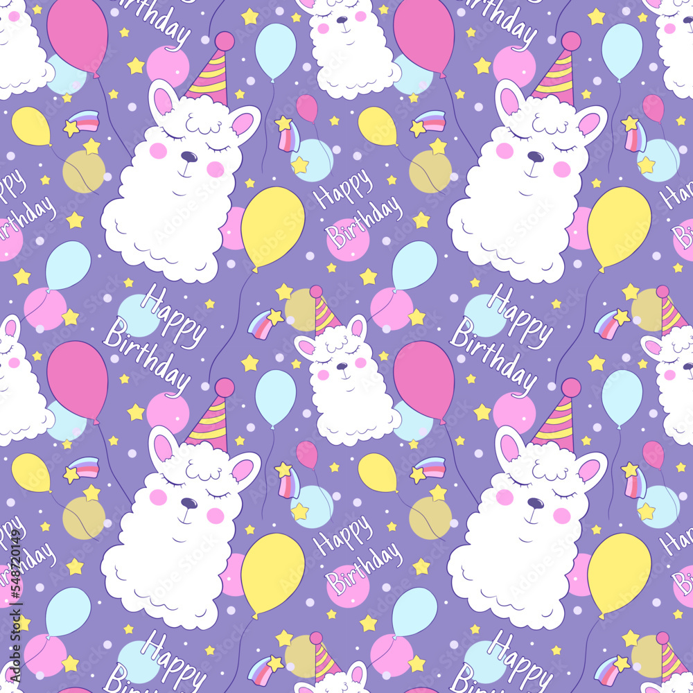 Fototapeta premium Happy birthday seamless pattern with cute llama alpaca. vector illustration