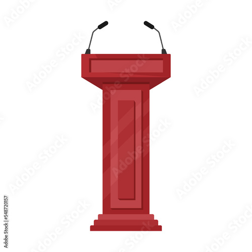 tall mahogany debate rostrum and platform with double microphone, cartoon vector illustration. Wooden tribune and glass podium with microphone