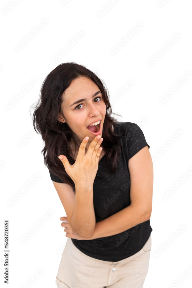 Surprised and shocked girl isolated on white. Emotional pretty brunette Surprised and shocked girl isolated on white. Emotional pretty brunette