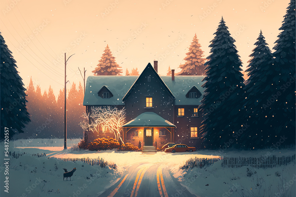 Christmas house with snow and warm light in winter season. Winter landscape wallpaper background. Christmas holiday illustration.
