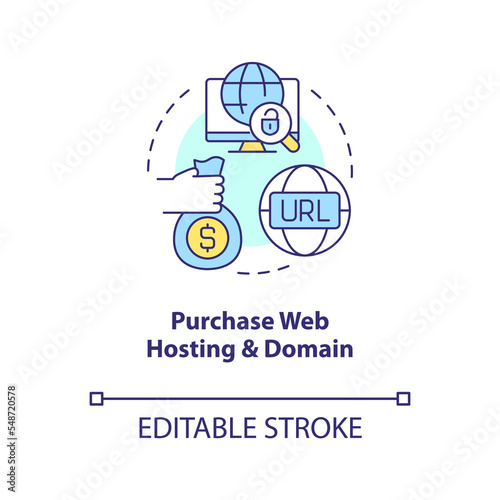 Purchase web hosting and domain concept icon. Online service. Create website abstract idea thin line illustration. Isolated outline drawing. Editable stroke. Arial, Myriad Pro-Bold fonts used