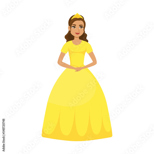 Young princess swarthy oriental in yellow dress, cartoon vector illustration. Elegant fairytale women in colored costume and dress