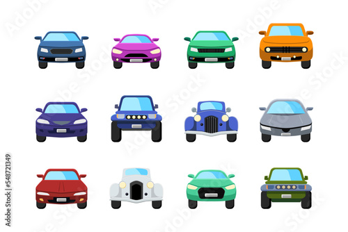 Front view of modern and vintage cars vector illustrations set. Collection of cartoon drawings of colorful automobiles isolated on white background. Transport, transportation, luxury concept