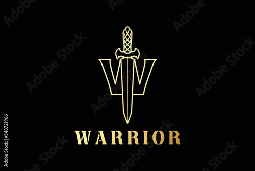 Golden Sword Dagger Knife Stiletto with Letter W for Warrior Logo Design Vector
