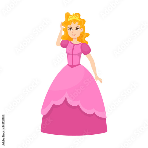 Young beautiful princess in pink dress adjusts crown on head, cartoon vector illustration. Elegant fairytale women in colored costume and dress