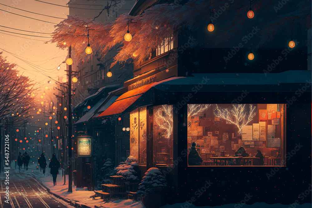 Christmas coffee shop with snow and warm light decoration in winter season. Cafe shop on the street. Winter landscape wallpaper. Christmas Holiday illustration. 