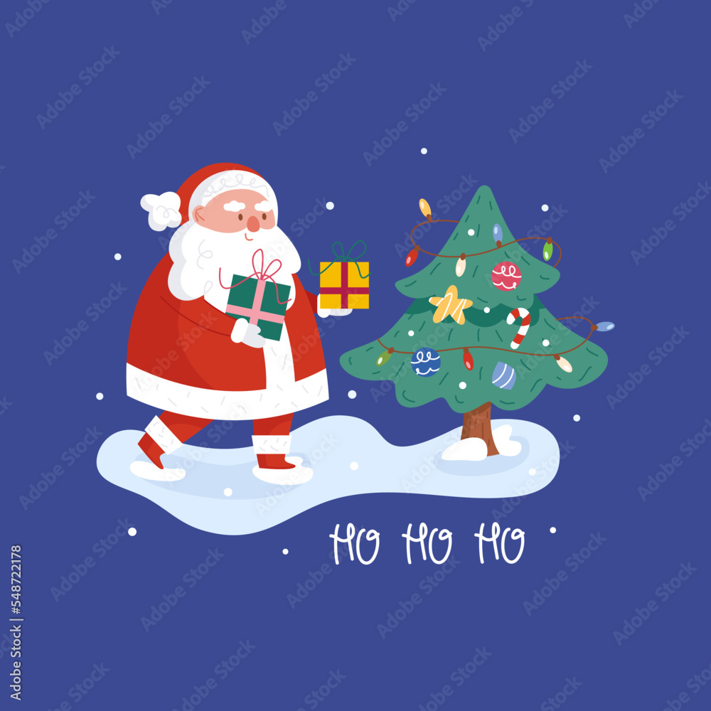 Santa Claus is putting gifts under Christmas tree. Santa. Present. Fir tree. Flat, cartoon. Isolated vector illustration eps 10 Santa Claus is putting gifts under Christmas tree. Santa. Present. Fir tree. Flat, cartoon. Isolated vector illustration eps 10