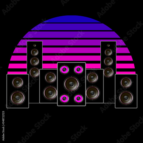 Synthwave, vaporwave, retrowave 80s neon landscape, gradient colored sunset with speakers on black background. Retro futuristic aesthetic solar circle emblem, logo or icon