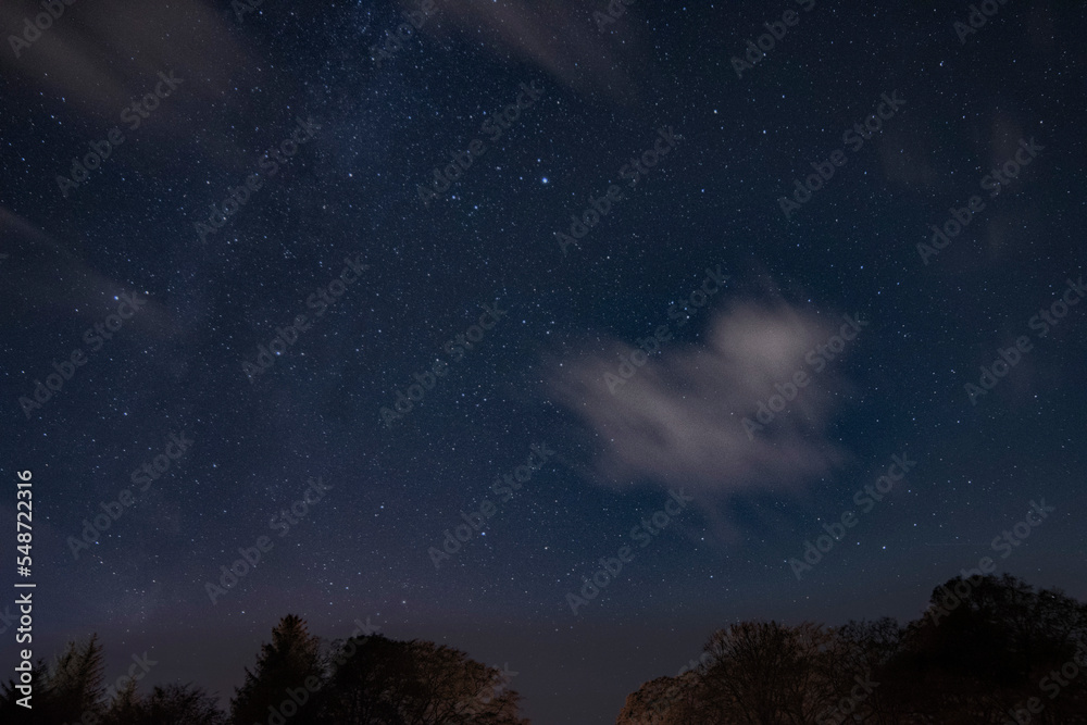 Fototapeta premium Night full of stars and some clouds and trees in the background. Night view of the sky many constellations
