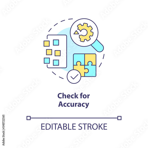 Check for accuracy concept icon. Test new platform. Audit CMS. Digital business tools abstract idea thin line illustration. Isolated outline drawing. Editable stroke. Arial, Myriad Pro-Bold fonts used