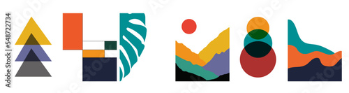 Collection of modern simple abstractions: landscapes, geometric shapes (triangle, circle, square) and monstera leaf on a white background