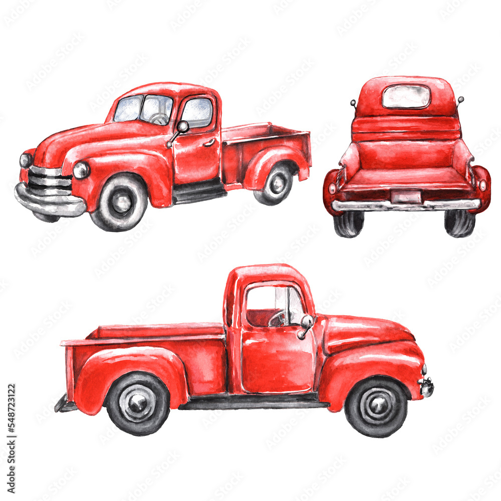 Watercolor set of red pickup trucks