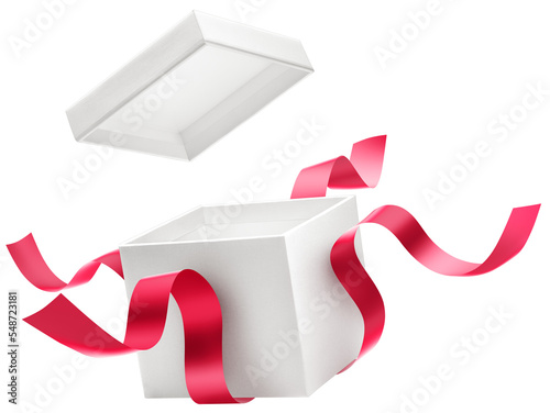Opened gift box with red ribbon