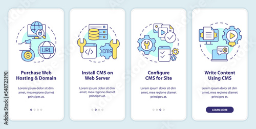 Building website with CMS onboarding mobile app screen. Platform walkthrough 4 steps editable graphic instructions with linear concepts. UI, UX, GUI template. Myriad Pro-Bold, Regular fonts used
