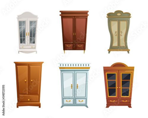 Vintage wardrobes vector illustrations set. Collection of cartoon drawings of old-fashioned closets or cabinets of different shapes isolated on white background. Fashion, furniture, interior concept