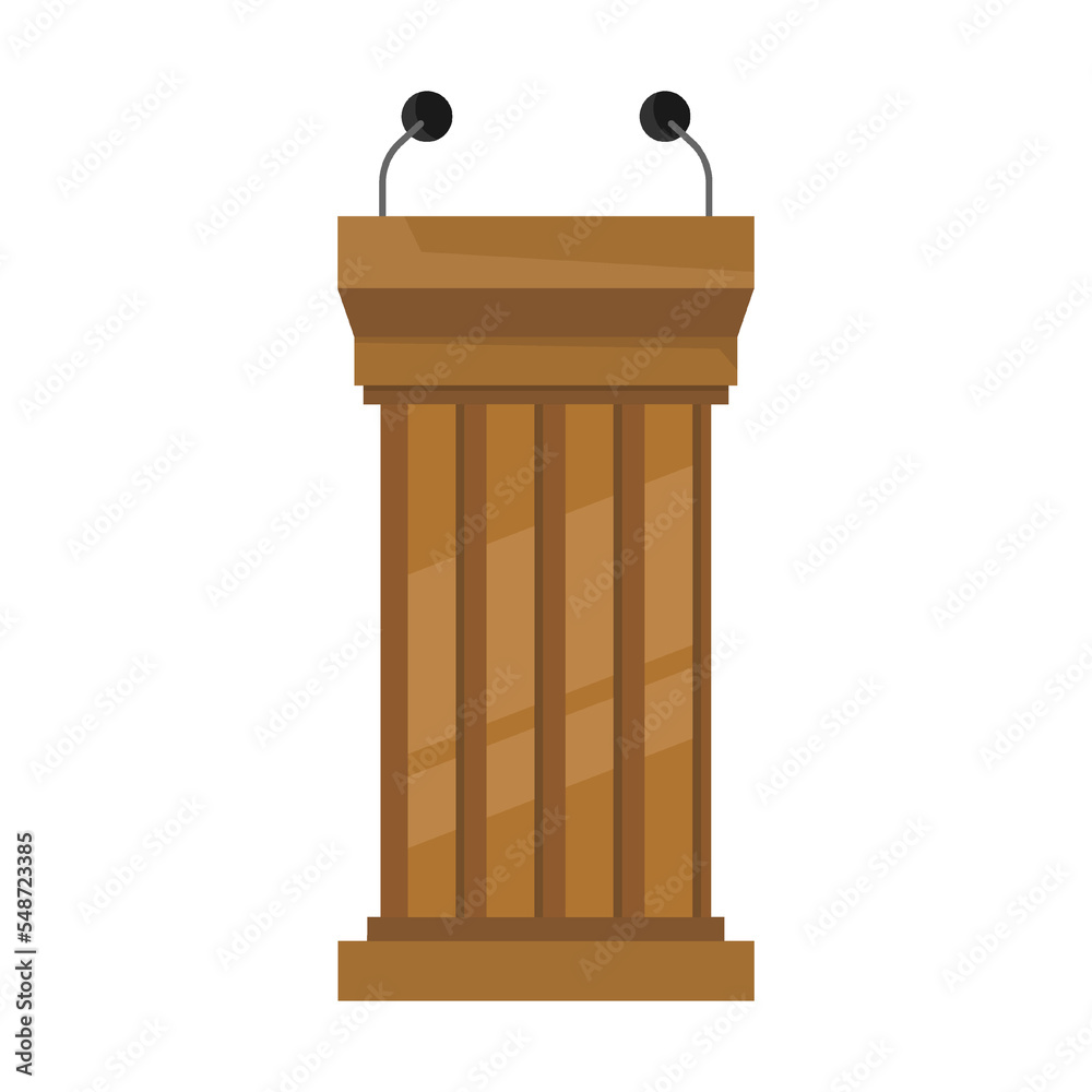 wooden carved debate rostrum and platform with double microphone, cartoon vector illustration. Wooden tribune and glass podium with microphone wooden carved debate rostrum and platform with double microphone, cartoon vector illustration. Wooden tribune and glass podium with microphone