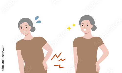Set of Sick elderly suffer from chronic Backache before and after. Woman standing holding lower back. Health problem, Body injury, muscular strain concept. Flat vector design isolated illustration.