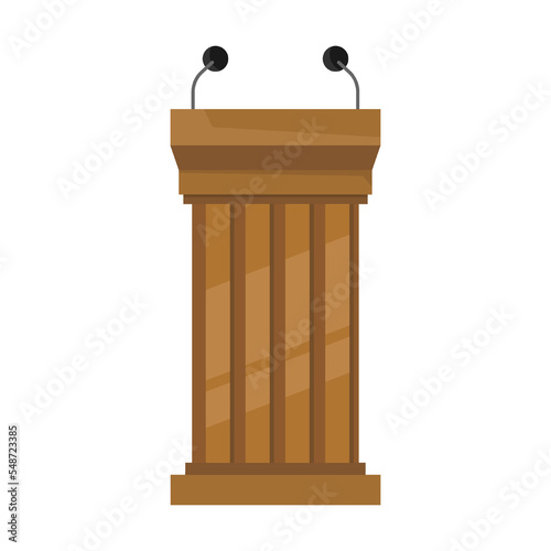 wooden carved debate rostrum and platform with double microphone, cartoon vector illustration. Wooden tribune and glass podium with microphone