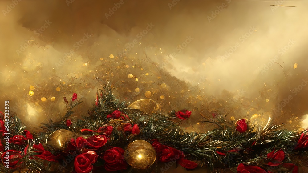 gold and red christmas tree, decorations and ornaments card background.Xmas invitation. Painted red and gold season greetings postcard