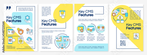 Key CMS features blue and yellow brochure template. Optimize website. Leaflet design with linear icons. Editable 4 vector layouts for presentation, annual reports. Questrial, Lato Regular fonts used