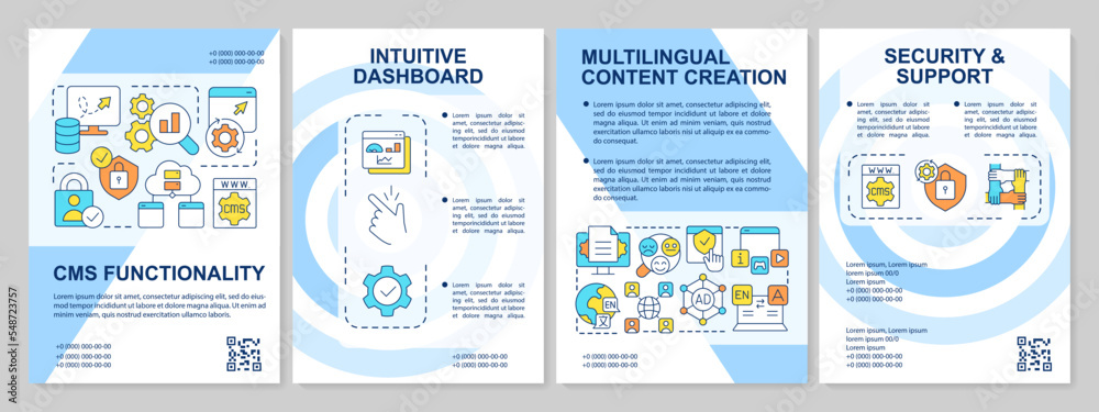 Naklejka premium CMS features blue brochure template. Platform tools. Leaflet design with linear icons. Editable 4 vector layouts for presentation, annual reports. Arial, Myriad Pro-Regular fonts used