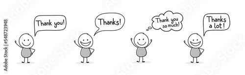 Happy cartoon people with text - thank you, thanks. Vector