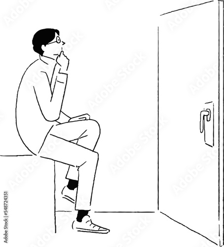 扉の前で座って考えている男性の線画