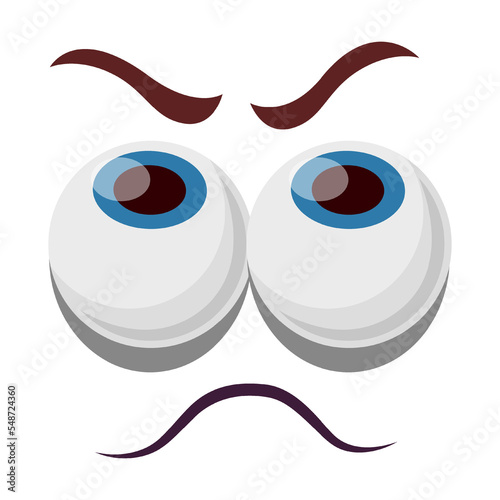 Comic pensive face expression vector illustration. Eyes and mouth of cute, funny or angry cartoon character isolated on white background