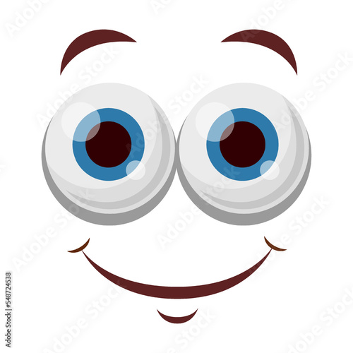 Comic face smiles kindly vector illustration. Eyes and mouth of cute, funny or angry cartoon character isolated on white background