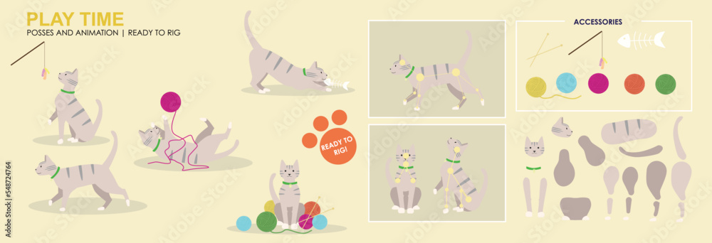 Cute Grey Tabby cat play time, playing with balls of wool and knitting, multiple poses, positions. Vector broken down ready to rig and animate, cartoon cat playing. Playing cat cartoon.	
