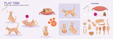 Cute Ginger Tabby cat dinner time, eating snacks food fish, multiple poses, positions. Vector broken down ready to rig and animate, cartoon cat playing eating. Animation	
