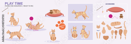 Fototapeta Naklejka Na Ścianę i Meble -  Cute Ginger Tabby cat dinner time, eating snacks food fish, multiple poses, positions. Vector broken down ready to rig and animate, cartoon cat playing eating. Animation	
