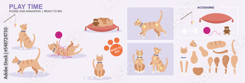 Cute Ginger Tabby cat dinner time, eating snacks food fish, multiple poses, positions. Vector broken down ready to rig and animate, cartoon cat playing eating. Animation	
