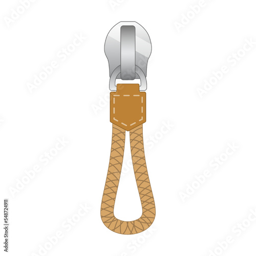 zipper puller with braided cord vector illustration. Vintage or modern metal or leather zipper pull for backpack, sportswear