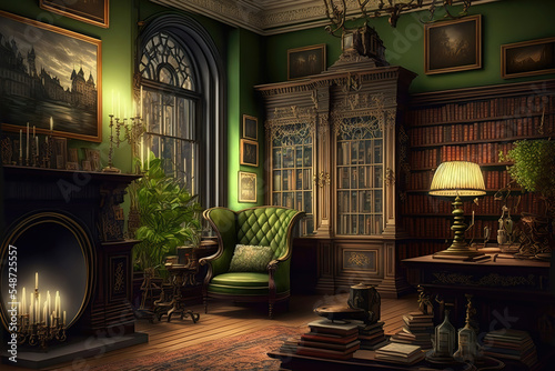 AI generated image of very luxurious interiors on a vintage Victorian era mansion 