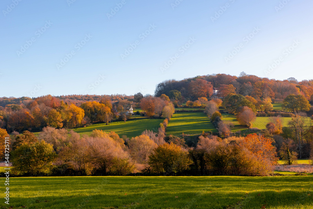 Fototapeta premium Colorful Autumn landscape of hilly countryside in Zuid-Limburg, Small houses on hillside with sunlight in the morning, Epen is a village in southern part of the Dutch province of Limburg, Netherlands.