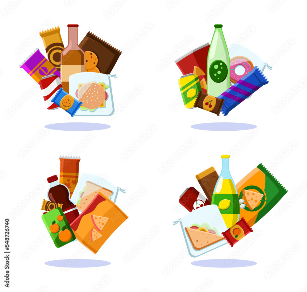 Fast food or snacks vector illustrations set. Collection of cartoon