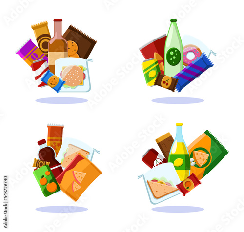 Fast food or snacks vector illustrations set. Collection of cartoon drawings sweets in packages, chips and soda in bottles isolated on white background. Fast or junk food, desserts, shopping concept