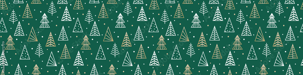 Seamless pattern with golden Christmas trees. Wrapping paper concept. Banner. Vector illustration