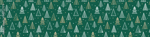 Seamless pattern with golden Christmas trees. Wrapping paper concept. Banner. Vector illustration