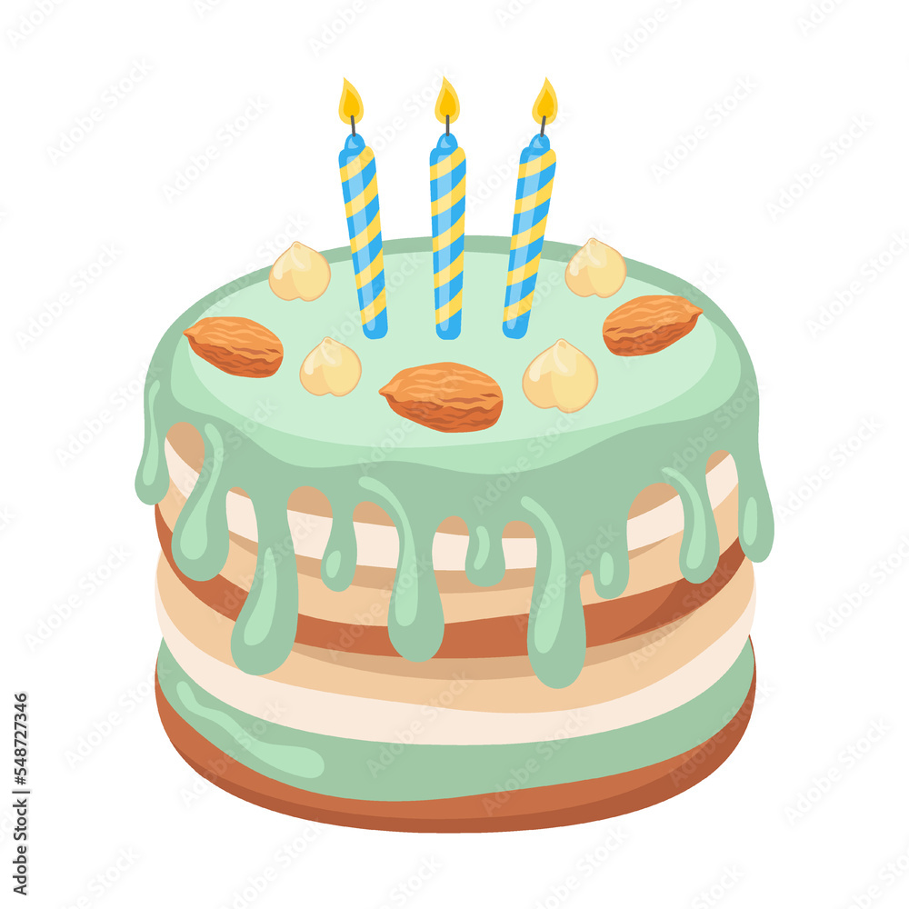 Birthday cake with candles and almond nuts, cartoon vector illustration. Delicious chocolate cake or pie isolated on white background Birthday cake with candles and almond nuts, cartoon vector illustration. Delicious chocolate cake or pie isolated on white background