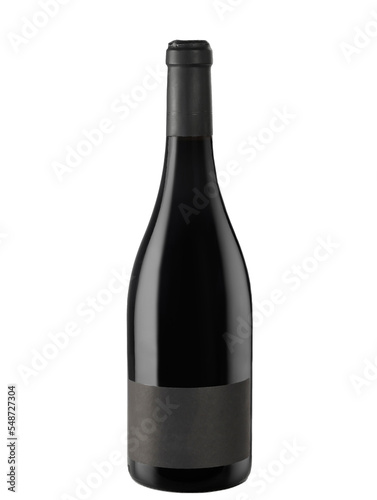 Isolated red wine bottle with blank black label.