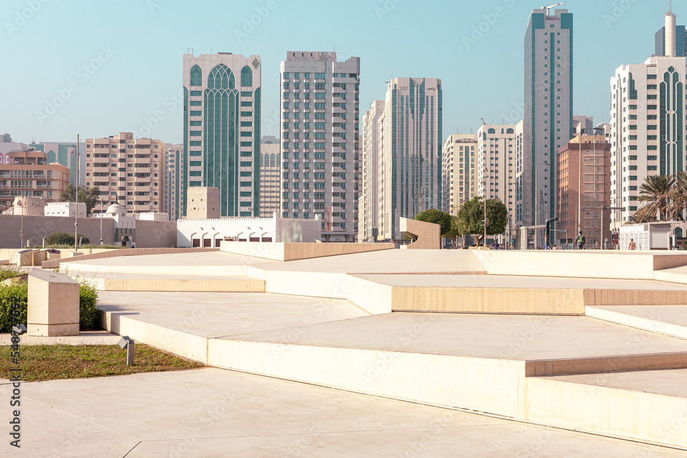 Abu Dhabi Streets and Skyscrapers. Tall Modern Glass Buildings in Abu