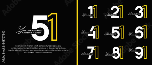 set of anniversary logo style flat white and yellow on black background for celebration