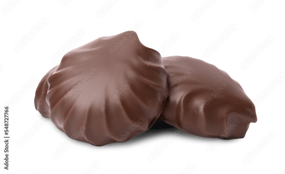Delicious chocolate covered marshmallows isolated on white Delicious chocolate covered marshmallows isolated on white