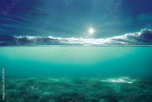 Split level view. Half underwater. Sparkling waves. Summer scene. 